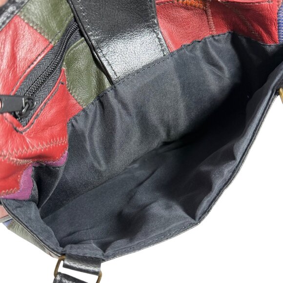 Vintage 80s Crazy Quilt Patchwork Leather Woven Detail Triple Entry Shoulder Bag - Picture 7 of 15